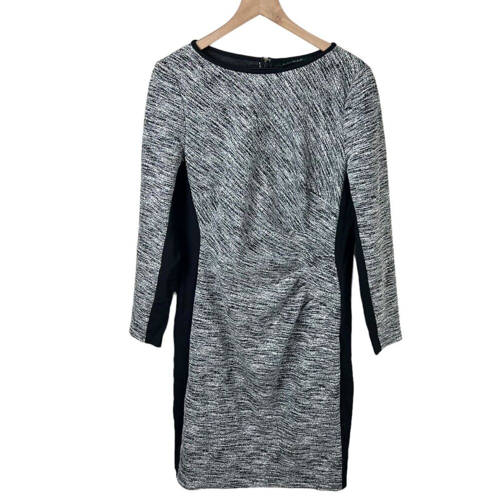 Lauren Ralph Lauren Gray Black Long Sleeve Ruched Stretch Knit‎ Sheath Dress 14